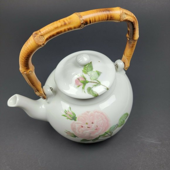 Aluminite Frugier Floral Tea Pot Bamboo Handle Vintage Limoges France EUC - Picture 6 of 12